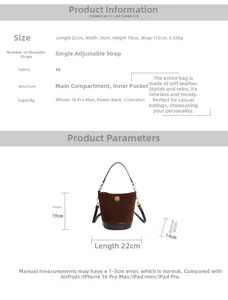 Detailed size chart for the brown PU leather bucket bag with adjustable strap measurements