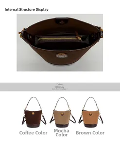 Detail showing the internal zipper compartment and three color options of suede bucket bag
