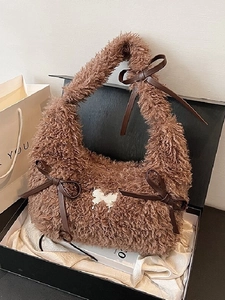Borsa a Tracolla in Peluche da Donna Decorazione con Fiocco Morbida Borsa Sotto l'Ascella Tinta Unita Elegante Borsa Invernale