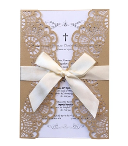 Laser cut champagne gold wedding invitation card with ivory ribbon and lace design