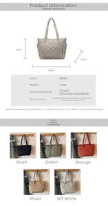 Detailed size specifications for a lightweight quilted tote bag with dimensions shown