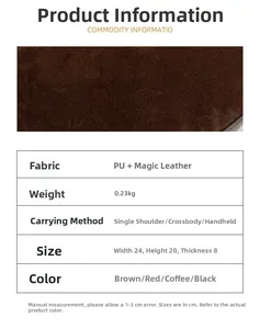 Detail specifications for dark brown dumpling bag showing PU suede texture and 24cm size