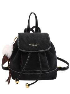 Minimalist black drawstring backpack with contrast stitching and gold logo detail