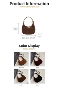 Detailed size chart and four color options for the soft suede hobo bag with dimensions