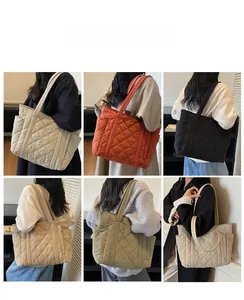 Quilted puffer tote bag showing various color options including beige, black and orange