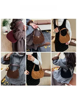 Detailed views of vintage crescent bags in burgundy brown and black faux suede material