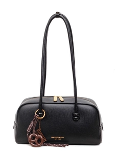 Grand sac bowling noir motif litchi avec longues anses et fermeture éclair dorée