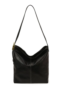 Sac hobo vintage en cuir noir avec coutures contrastées blanches et boucle dorée