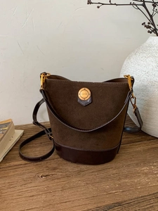 Retro Suede PU Leather Splicing Bucket Bag For Women Vintage Shoulder Crossbody Handbag With Metal Decoration Adjustable Strap