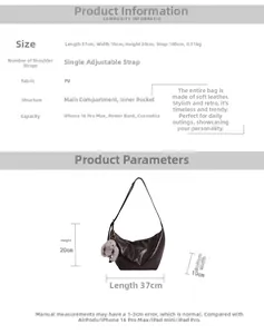 Detailed size chart for retro soft PU leather dumpling bag showing dimensions and capacity