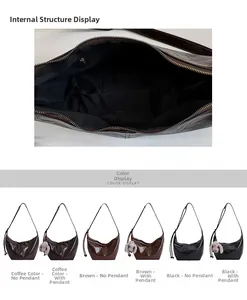 Detail view of large capacity shoulder bag interior structure and multiple color options