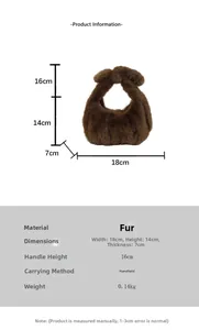 Brown faux fur plush handbag size 18x14x7cm with handle height 16cm detail dimensions