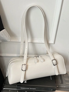 Women's Vintage PU Leather Cylindrical Shoulder Bag Minimalist Solid Color Underarm Bag With Double Adjustable Strap Korean Style Daily Commute Boston Handbag