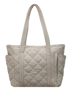 Grand sac cabas matelassé beige avec motif à losanges et bandoulières pour femme chic