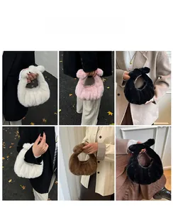 Collage of plush faux fur handbags in various colors shown in casual street settings
