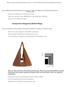 Size chart showing faux shearling hobo bag dimensions with iPad and phone comparison
