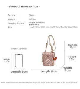 Größentabelle für die Leopard-Plüschtasche mit Maßen und Handy-Größenvergleich