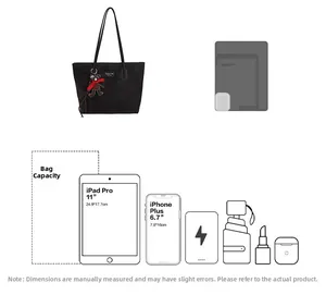 Internal capacity diagram of the minimalist black tote bag showing storage space for 11-inch iPad
