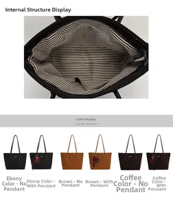 Detail view of large tote bag interior lining and color options in ebony, brown, and coffee