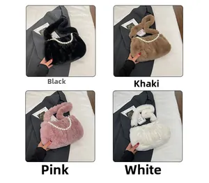 Sacs à main chic en fausse fourrure avec anses en perles en noir, kaki, rose et blanc