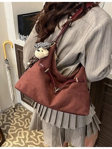 Large burgundy matte suede crescent bag with cute bear charm for women on shoulder