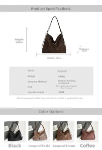 Detailed size chart for leopard print tote bag showing 35x28x12cm dimensions