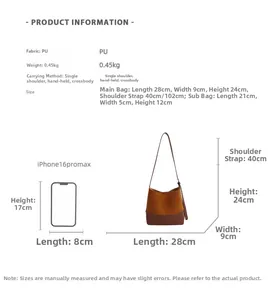 Detailed size chart showing dimensions for large capacity vintage faux leather bucket bag