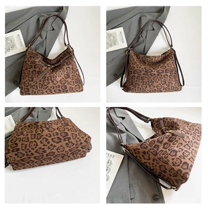Detailed views of leopard print tote bag with brown leather straps and gold buckles