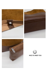 Detail view of two-tone bucket bag with suede texture and magnetic closure system