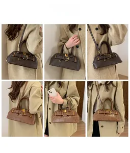 Collage of chic boston style crossbody bags in brown and coffee faux leather with straps
