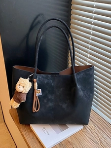 Retro grey suede tote bag with large capacity and a cute brown plush bear charm
