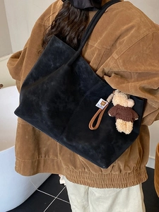 Retro black suede tote bag with cute bear pendant and long shoulder straps