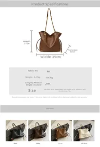 Detail showing high-capacity PU bucket bag with metal chain strap and leather texture