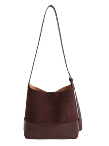 Retro dark brown matte suede bucket bag with adjustable leather strap for autumn fashion