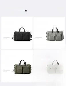 Detailed views of multi-pocket travel bags in black, grey, and green nylon fabric