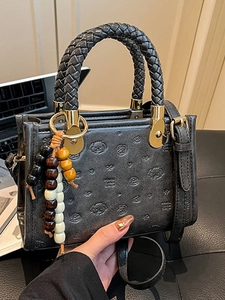 Women's Retro PU Leather Crossbody Bag Embossed Puppy Heart Braided Handle Shoulder Handbag Small Square Bag With Bead Charm