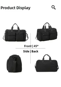 Detailed views showing the front, side, and back of this black large capacity fitness bag