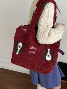Borsa Tote in Peluche e Poliestere di Grande Capacità Donna Ricamo Cane Cartone Animato Lana di Agnello Borsa a Tracolla