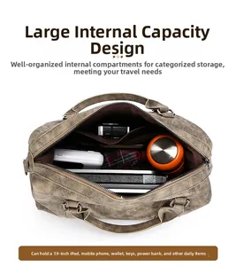 Detailed interior of a vintage brown tote bag showing multi-compartment storage space