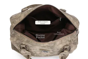 Detail view of the retro tote bag interior featuring zipper pocket and main compartments
