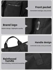 Detail of black gym bag featuring front zipper pocket and reinforced carrying handles