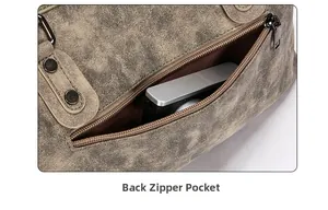 Macro shot of the rear zipper pocket on a vintage faux leather tote with metal closure