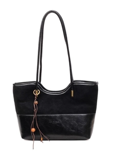 Fashion black patchwork tote bag with suede texture and wooden bead tassel accessory