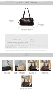 Size chart for the PU leather Boston handbag showing dimensions 35x18x11cm and colors
