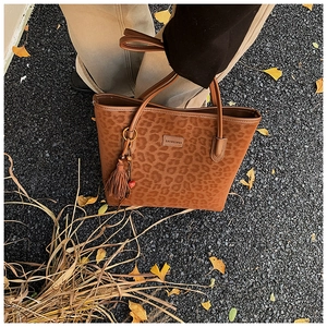 Close-up of leopard print tote bag with leather tassel on an autumn street setting