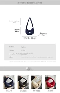 Detailed size chart for nylon puffer tote bag showing dimensions and four available colors
