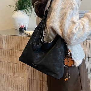 Black suede hobo tote bag with floral bead charm and large capacity for women