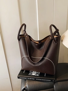 Women Large Capacity PU Leather Bucket Bag Minimalist Lychee Pattern Stitching Commuter Shoulder Crossbody Tote Bag