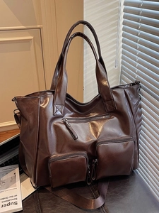 Vintage PU Leather Large Capacity Tote Bag For Women Casual Commuter Shoulder Bag With Multi Pockets Solid Color Handbag