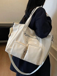 Vintage cream white PU leather tote bag with large capacity and multi-pocket design